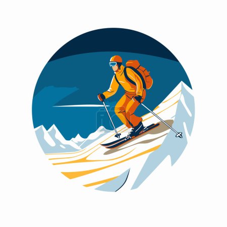Téléchargez les illustrations : Skieur sur la piste dans les montagnes. Illustration vectorielle. - en licence libre de droit