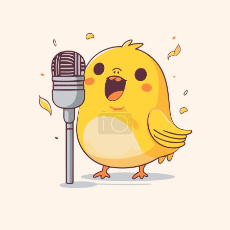 Illustration for Cute cartoon chick singing into a microphone. Vector illustration in a flat style. - Royalty Free Image