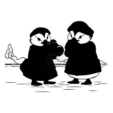 Téléchargez les illustrations : Mignon couple de pingouins dessin animé isolé sur fond blanc. Illustration vectorielle. - en licence libre de droit