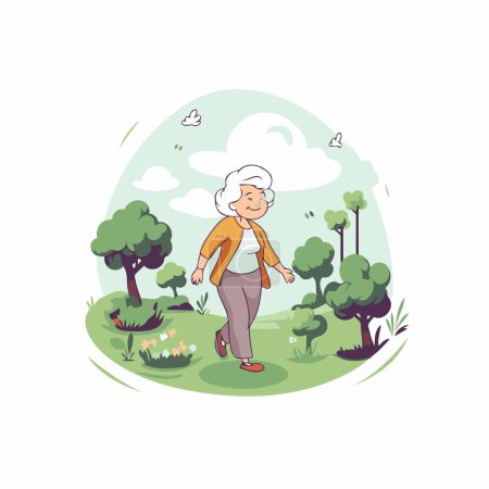 Ilustración de Una anciana caminando por el parque. Ilustración vectorial plana. - Imagen libre de derechos