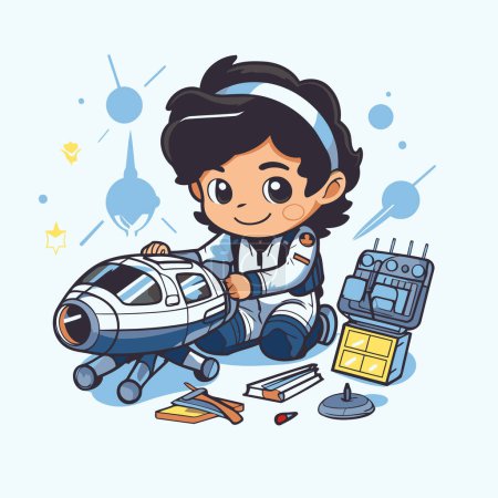 Illustration for Cartoon little girl astronaut sitting on the floor with a robot. Vector illustration. - Royalty Free Image