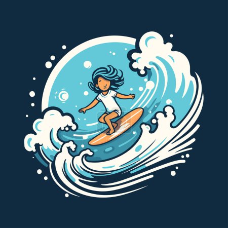 Illustration for Surfer girl riding a wave. Vector illustration. Isolated on dark background. - Royalty Free Image