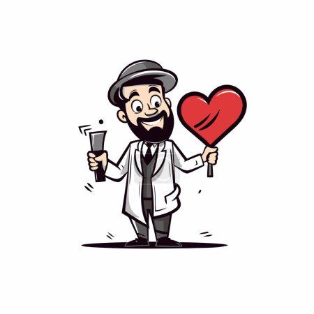 Téléchargez les illustrations : Caricature médecin tenant une seringue et un cœur. Illustration vectorielle. - en licence libre de droit