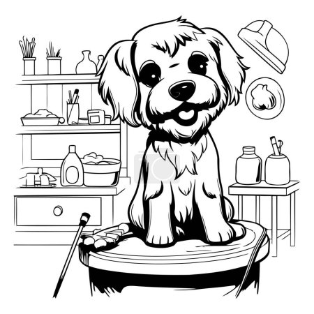 Illustration for Vector illustration of a dog sitting on a stool in the grooming salon - Royalty Free Image