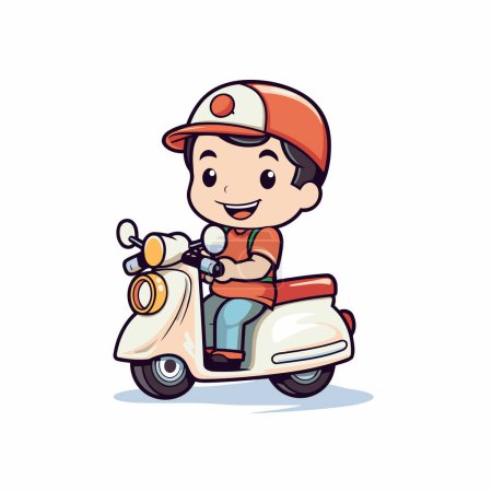 Ilustración de Lindo chico de dibujos animados montando una scooter. Ilustración vectorial aislada sobre fondo blanco. - Imagen libre de derechos