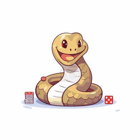 Téléchargez les illustrations : Serpent de dessin animé mignon avec des dés sur fond blanc. Illustration vectorielle. - en licence libre de droit