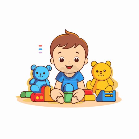 Téléchargez les illustrations : Joli petit garçon jouant avec des jouets. Illustration vectorielle dans le style dessin animé. - en licence libre de droit