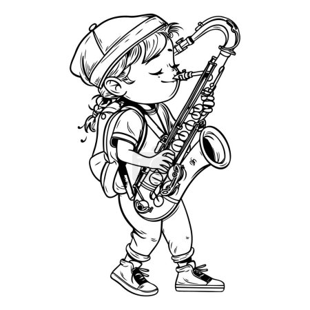 Ilustración de Un chico tocando el saxofón. Ilustración vectorial en blanco y negro para colorear libro. - Imagen libre de derechos