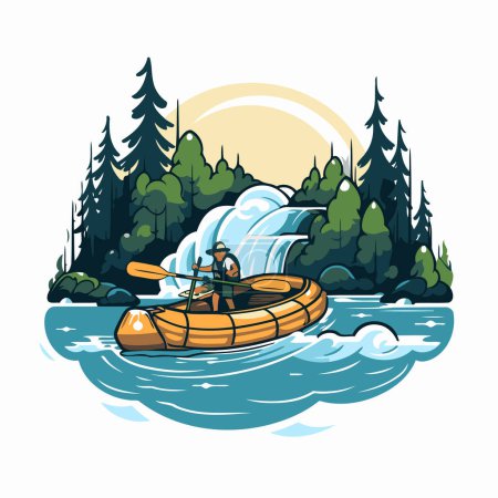 Téléchargez les illustrations : Kayak dans la forêt. Illustration vectorielle d'un homme pagayant en kayak. - en licence libre de droit