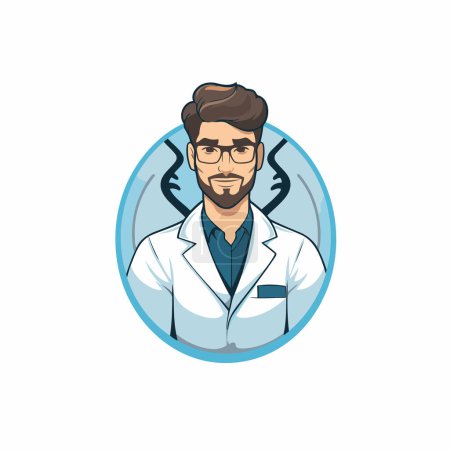 Illustration for Vector illustration of a male doctor with beard and glasses in circle. - Royalty Free Image