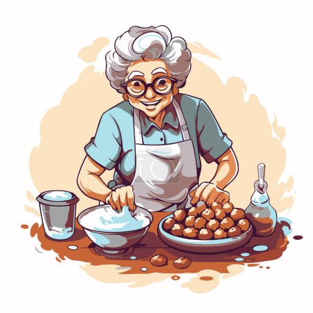 Téléchargez les illustrations : Femme âgée cuisinant dans la cuisine. Illustration vectorielle dans le style dessin animé. - en licence libre de droit