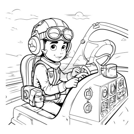 Illustration of a boy in a pilot's helmet sitting in a plane