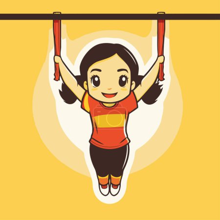 Illustration for Little girl hanging on a rope in the gym. vector illustration. - Royalty Free Image