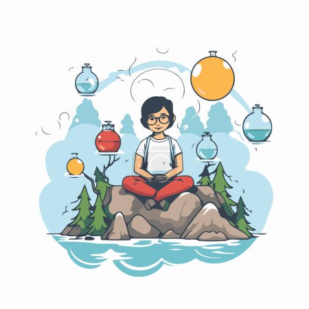 Illustration for Girl meditating on a rock in the forest. Vector illustration. - Royalty Free Image