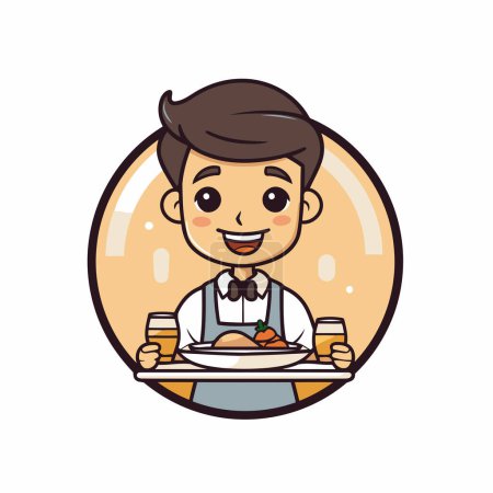 Téléchargez les illustrations : Illustration d'un serveur servant une assiette de nourriture dans un restaurant - en licence libre de droit