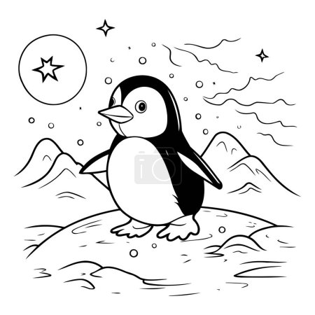 Illustration for Cute penguin on a rock. Black and white vector illustration. - Royalty Free Image