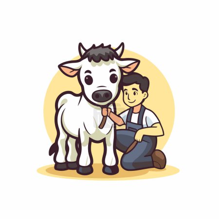 Téléchargez les illustrations : Illustration d'une vache et d'un agriculteur. Illustration vectorielle dans le style dessin animé. - en licence libre de droit