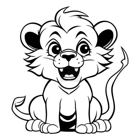 Téléchargez les illustrations : Illustration de dessin animé noir et blanc du personnage animal mignon de lion pour le livre de coloriage - en licence libre de droit