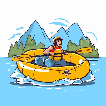 Illustration for Man kayaking on the lake. Vector illustration in cartoon style. - Royalty Free Image