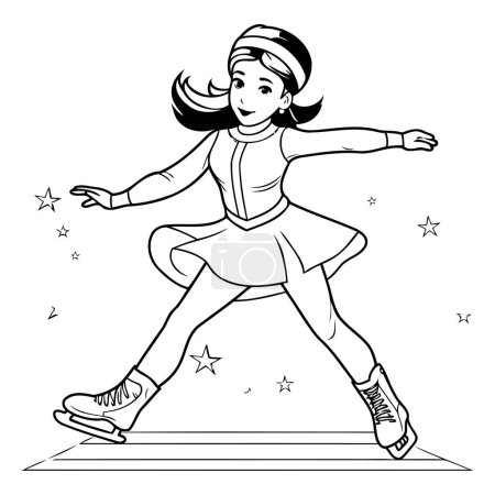 Illustration for Teenager girl skates on ice. Black and white vector illustration. - Royalty Free Image