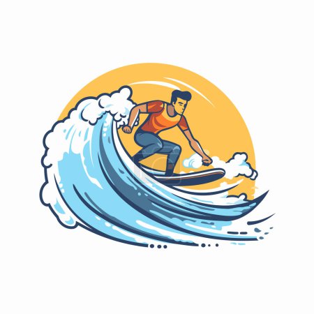 Illustration for Surfer in action. Vector illustration of a surfer riding a wave. - Royalty Free Image