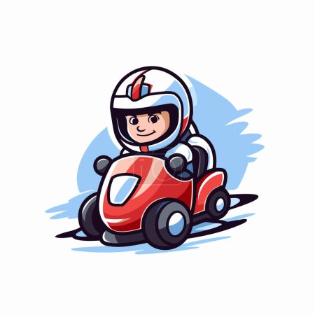 Ilustración de Lindo chico conduciendo un coche de juguete. Ilustración vectorial sobre fondo blanco. - Imagen libre de derechos