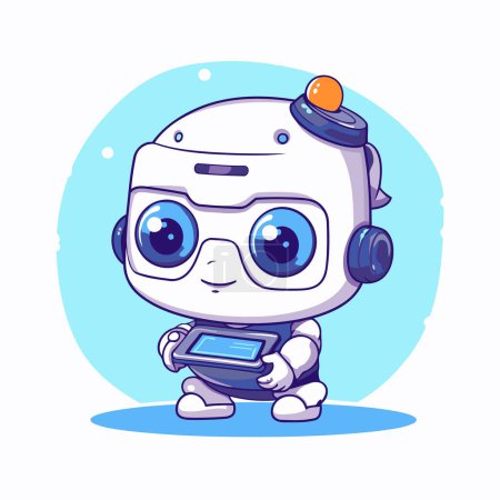 Ilustración de Lindo robot pequeño con un teléfono inteligente. Ilustración vectorial en estilo de dibujos animados. - Imagen libre de derechos