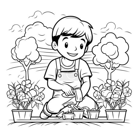 Illustration for Boy planting flowers in the garden. Black and white vector illustration. - Royalty Free Image