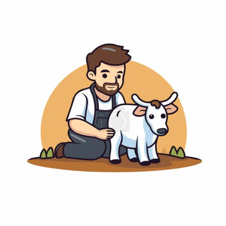 Ilustración de Agricultor con una vaca. Ilustración vectorial en un estilo plano. - Imagen libre de derechos