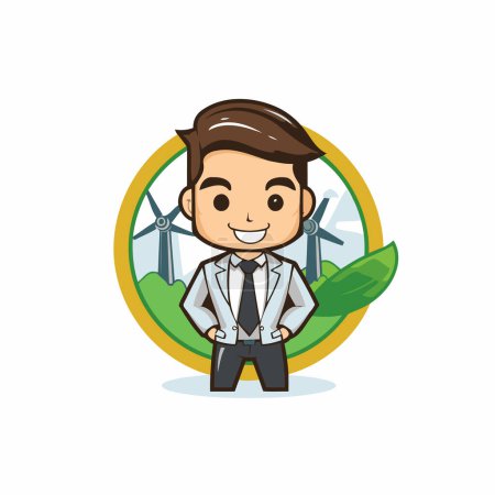 Illustration for Businessman with wind turbine icon. Eco friendly and environment theme. Colorful design. Vector illustration - Royalty Free Image