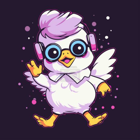 Illustration for Cute cartoon chicken with headphones. Vector illustration on a dark background. - Royalty Free Image