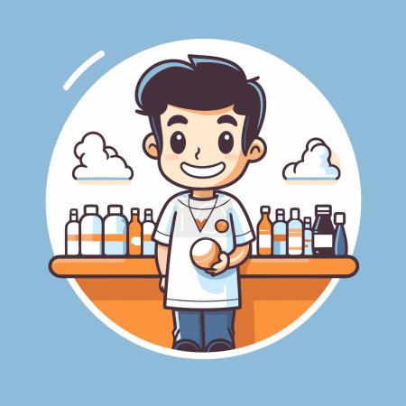 Illustration for Cute boy cartoon character in a supermarket. Vector flat design illustration - Royalty Free Image