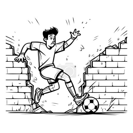 Illustration for Soccer player kicking the ball. black and white vector illustration. - Royalty Free Image