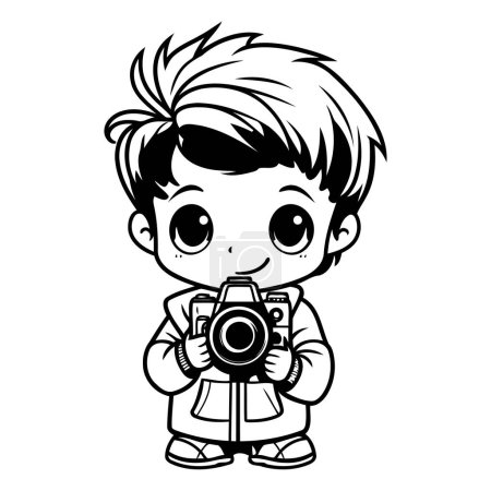Téléchargez les illustrations : Mignon petit garçon avec caméra dessin animé vectoriel illustration conception graphique en noir et blanc - en licence libre de droit