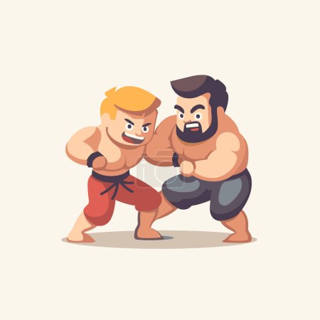 Illustration for Cartoon vector illustration of two strong karate fighters sparring together. - Royalty Free Image