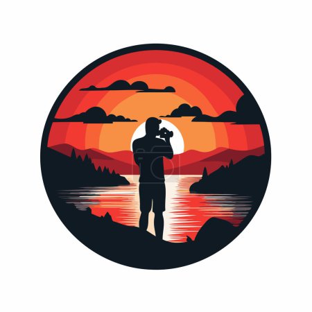 Illustration for Photographer with a camera on the lake at sunset. Vector illustration. - Royalty Free Image