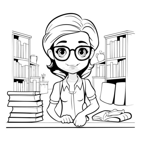 Ilustración de Chica con gafas sentada en la mesa con libros. Ilustración vectorial. - Imagen libre de derechos