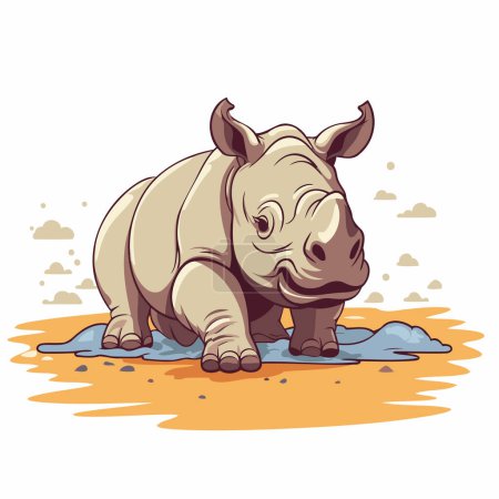 Téléchargez les illustrations : Dessin animé rhinocéros dans la boue. Illustration vectorielle. - en licence libre de droit