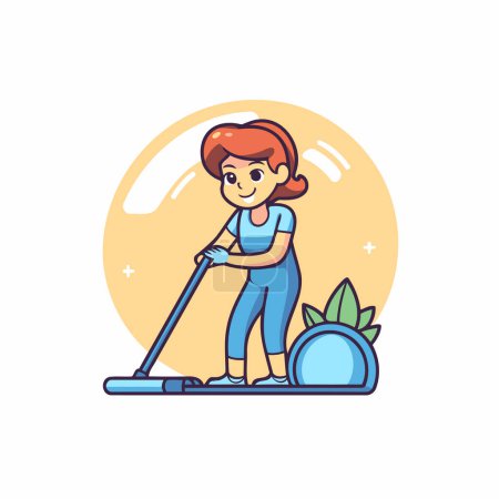 Téléchargez les illustrations : Concept de service de nettoyage. Jeune femme avec une serpillière. Illustration vectorielle - en licence libre de droit
