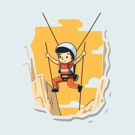 Téléchargez les illustrations : Illustration vectorielle d'un garçon grimpant sur une corde dans les montagnes. - en licence libre de droit