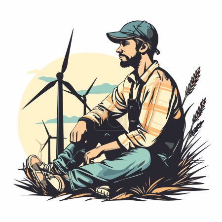 Vector illustration of a farmer sitting in a field with wind turbines.