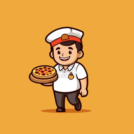 Téléchargez les illustrations : Chef de bande dessinée avec pizza. Illustration vectorielle mignonne et drôle. - en licence libre de droit