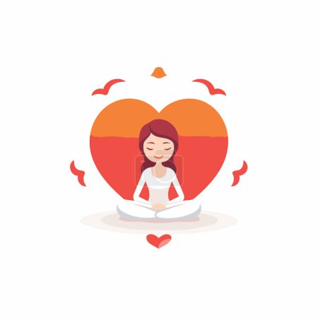Illustration for Woman meditating in lotus position with red heart. Vector illustration - Royalty Free Image