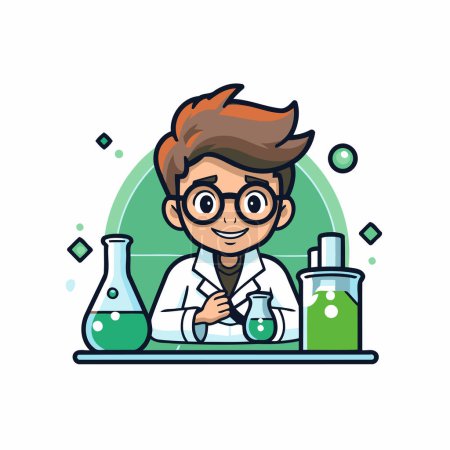 Illustration for Scientist cartoon character with test tubes and beaker vector Illustration - Royalty Free Image