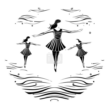 Téléchargez les illustrations : Illustration vectorielle noir et blanc d'une silhouette d'une belle ballerine dansant sur la mer. - en licence libre de droit