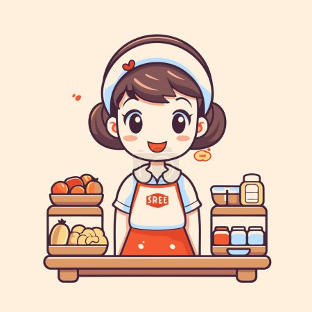 Illustration for Cute little girl in apron shopping in supermarket. Vector illustration. - Royalty Free Image