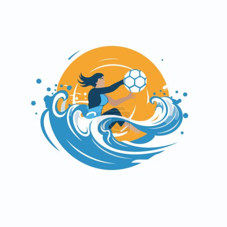 Illustration for Vector illustration of a girl playing soccer on the surfboard in the sea. - Royalty Free Image