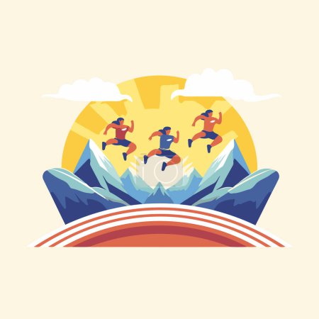 Ilustración de Paisaje de montaña con gente corriendo. Ilustración vectorial en estilo plano. - Imagen libre de derechos