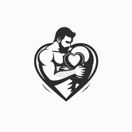 Téléchargez les illustrations : Homme musculaire avec modèle de conception de logo vectoriel coeur. Icône coeur. - en licence libre de droit