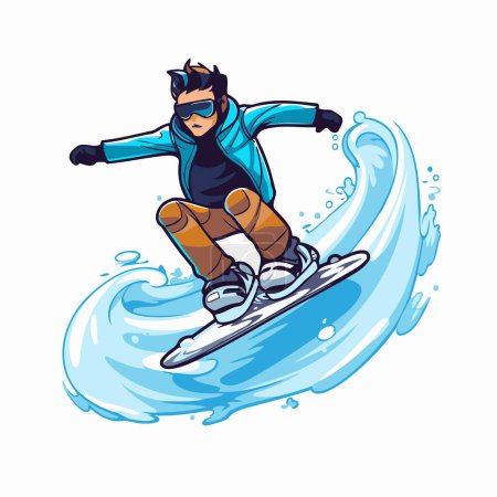 Téléchargez les illustrations : Snowboarder sautant dans l'eau. Illustration vectorielle d'un saut en snowboard. - en licence libre de droit